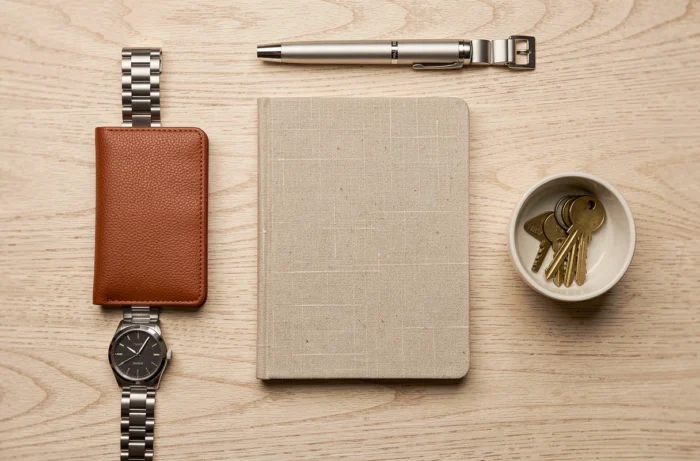 Pose à plat d'accessoires du quotidien minimalistes sur bois clair : montre, portefeuille en cuir, carnet et clés