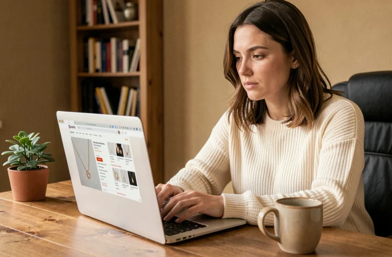 Femme consultant un site de bijoux en ligne sur son ordinateur portable avec une expression prudente et attentive