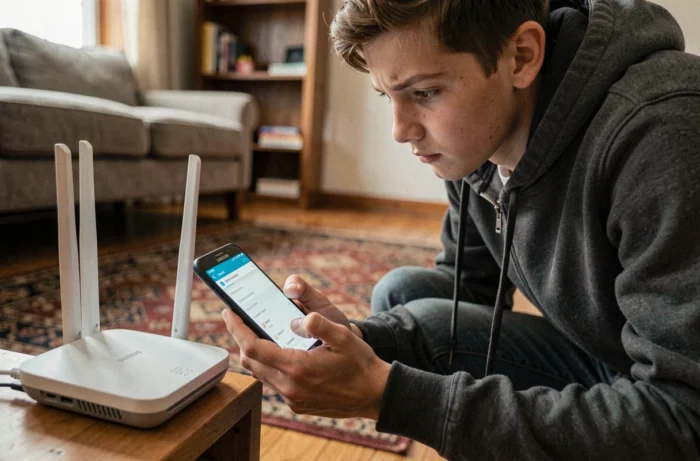 Adolescent tenant un smartphone Samsung près d'un routeur WiFi pour résoudre un problème de connexion internet sur Android
