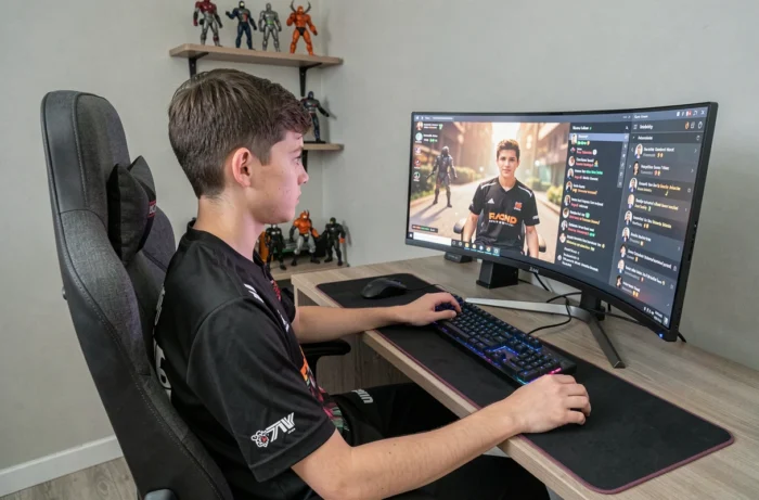 Adolescent streamer concentré sur son écran avec le chat de streaming affiché et des commentaires contenant des abréviations populaires comme HDTS