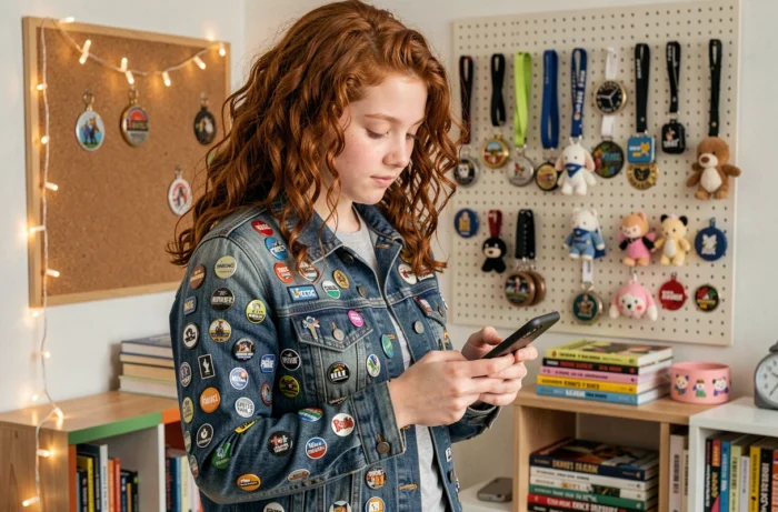 Adolescente consultant des produits dérivés de séries sur son téléphone devant un mur décoratif de collectibles