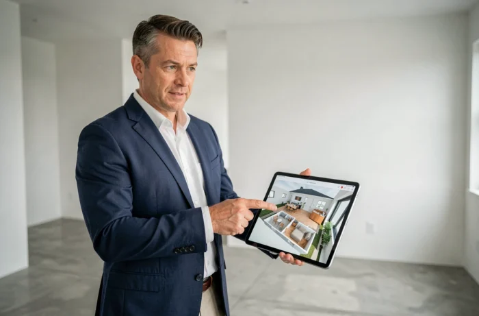 Agent immobilier présentant une visite virtuelle 360 degrés sur tablette dans un appartement moderne vide