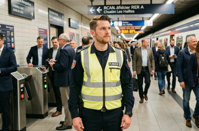 Agent de sécurité en uniforme surveillant les quais du RER à Châtelet Les Halles à Paris