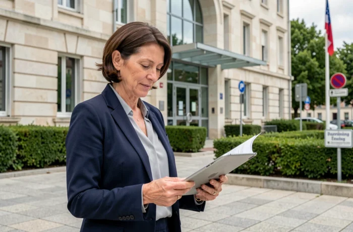 Agente de la communauté de communes Cœur Pays de Retz consultant des documents devant un bâtiment municipal en Pays de Retz