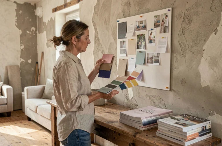 Femme qui planifie la décoration intérieure de sa maison avec des échantillons de tissu et de peinture