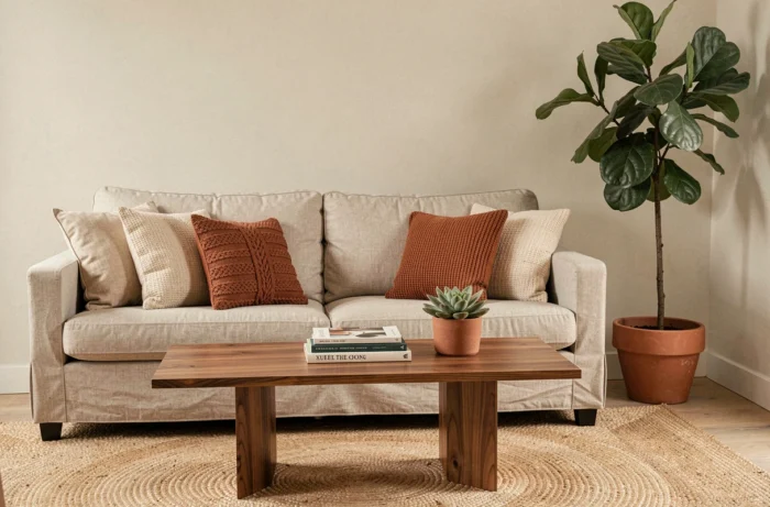 Coin salon cosy avec canapé en lin, tapis en jute, table basse en noyer et plante verte dans un pot en terre cuite
