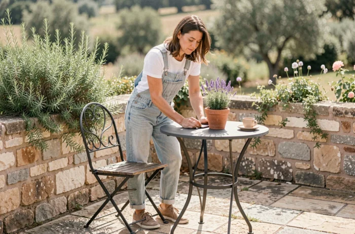 Femme aménageant une terrasse en pierre avec mobilier bistrot, lavande en pot et ambiance jardin méditerranéen