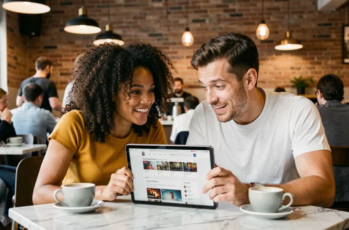 Deux amis discutant des avis d'utilisateurs sur un service de streaming dans un café
