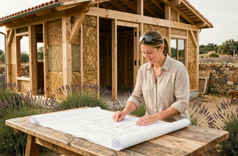 Architecte française examinant des plans de construction d'une maison écologique en ossature bois avec isolation en bottes de paille en Provence