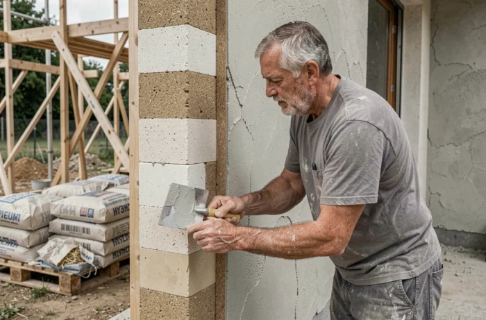 Artisan appliquant un enduit chanvre-chaux sur les murs d'une maison écologique en construction dans la vallée de la Loire
