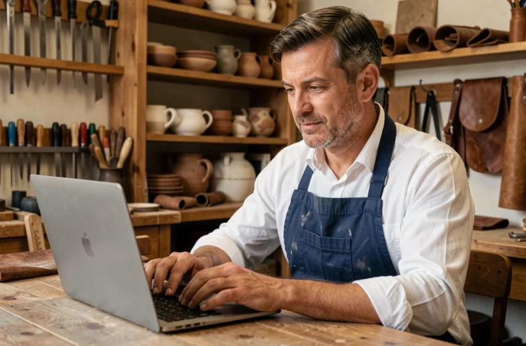 Artisan masculin en tablier marine consultant son profil professionnel en ligne sur un ordinateur portable dans son atelier