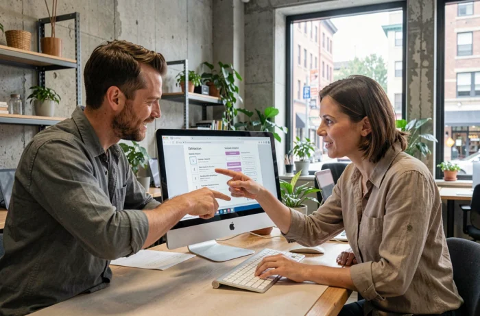 Deux artisans collaborant pour optimiser un profil professionnel en ligne dans un espace de coworking urbain