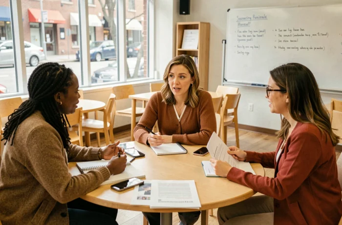 Groupe de femmes diverses réunies autour d'une table pour un atelier d'empowerment féminin dans un centre communautaire