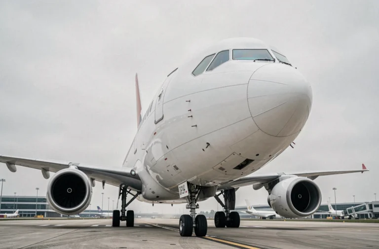 Avion de ligne commercial sur le tarmac d'un aéroport moderne, vue en contre-plongée révélant le train d'atterrissage et la carlingue