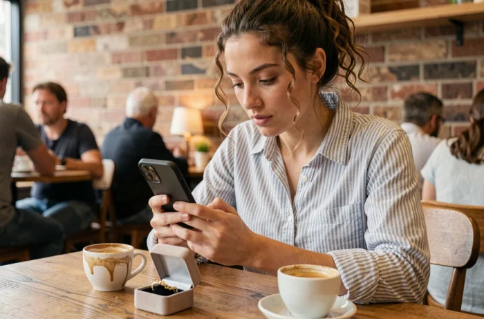 Jeune femme lisant des avis clients sur son smartphone à côté d'un bracelet en or reçu après un achat en ligne