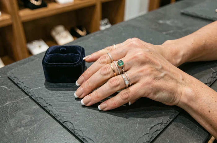 Bagues empilées en or rose et argent avec pierre émeraude, nouvelles tendances bijoux mixtes