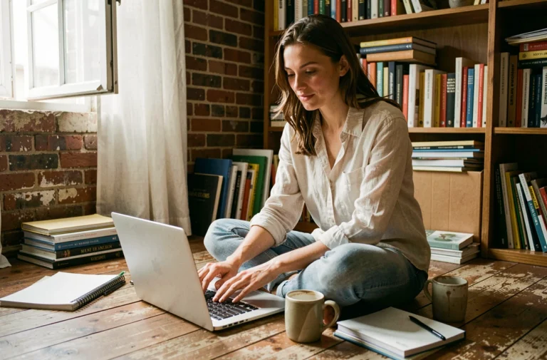Mère blogueuse authentique tapant sur son ordinateur portable dans un bureau à domicile chaleureux et désordonné