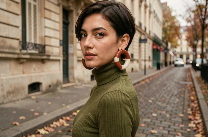Jeune femme portant des boucles d'oreilles créoles sculpturales en résine, tendances bijoux automne hiver
