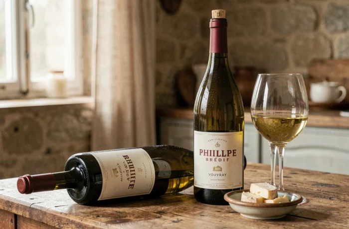 Bouteilles de Vouvray de la Maison Philippe Brédif disposées sur une table en chêne rustique avec un verre de vin et du fromage de chèvre