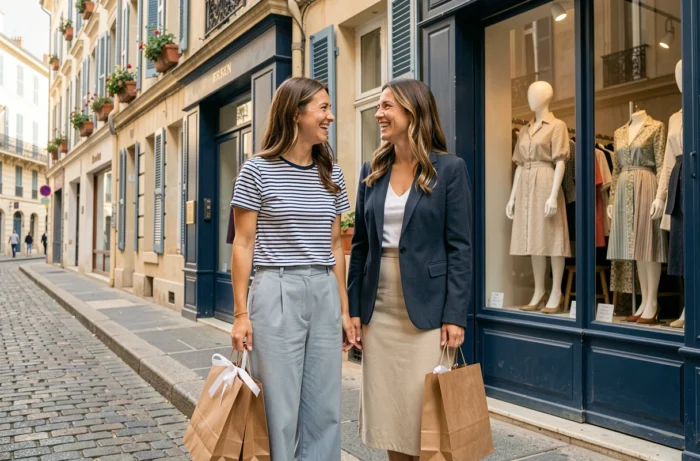 Deux amies souriantes devant une boutique de mode féminine dans une rue ensoleillée du quartier Cours Julien à Marseille avec une devanture élégante