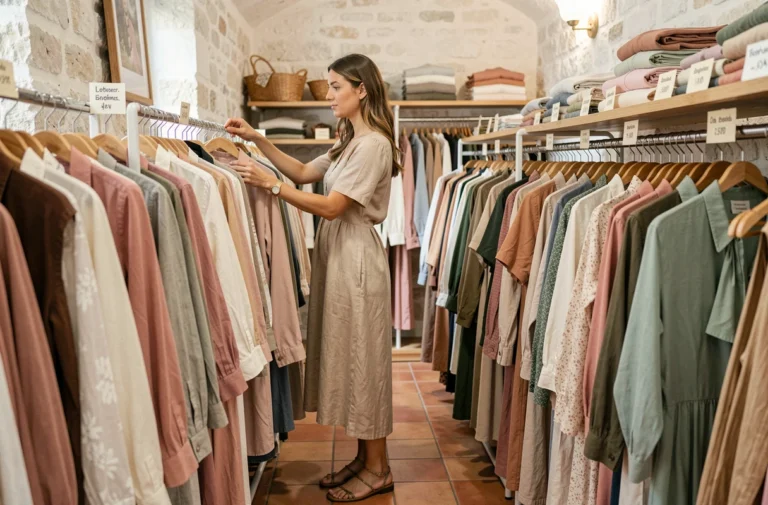 Femme élégante parcourant les vêtements d'une boutique de prêt-à-porter féminin à Marseille avec des murs en pierre blanche et un sol en tomettes
