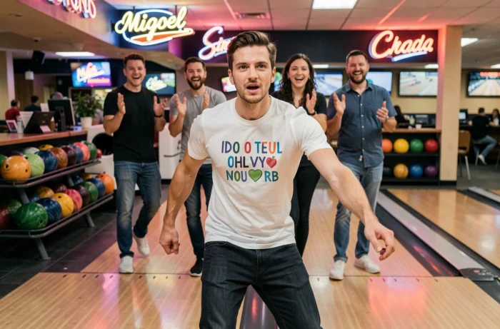 Homme en train de lancer une boule de bowling lors d'un enterrement de vie de garçon entre amis