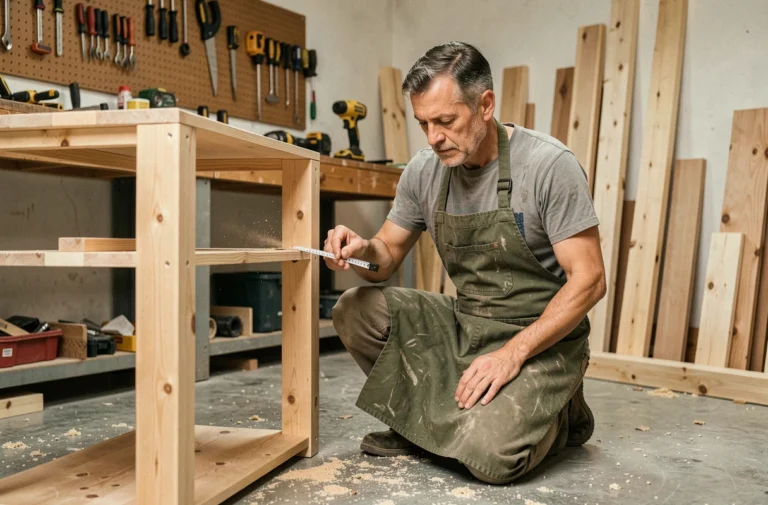 Homme bricoleur mesurant une planche en bois dans un atelier maison encombré d'outils