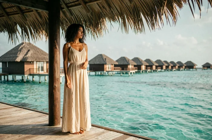 Femme sur le pont d'un bungalow sur pilotis de luxe en lagon turquoise, hébergement unique en destination tropicale