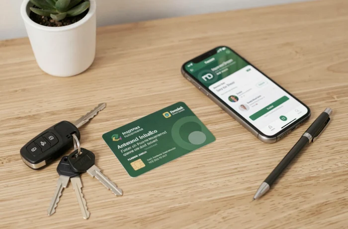 Carte verte d'assurance automobile posée sur un bureau en bois avec smartphone et clés de voiture, montrant le numéro de la carte verte