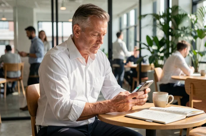 Chef d'entreprise consultant un service en ligne sur smartphone dans un environnement de travail détendu