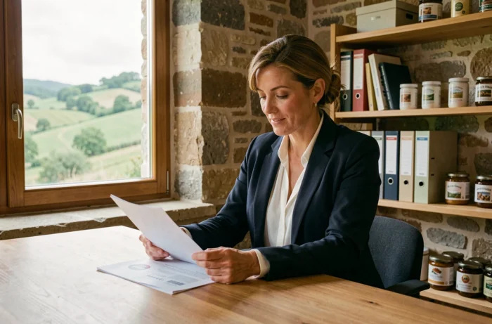 Femme cheffe d'entreprise consultant des documents commerciaux dans un bureau moderne aux murs en pierre typiques de la Corrèze, près de Beynat