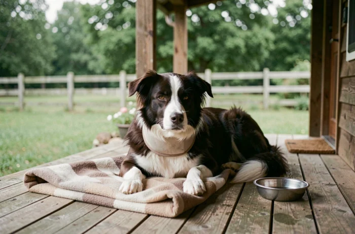 Border collie en convalescence portant une collerette de récupération, allongé sur une terrasse en bois entourée de verdure