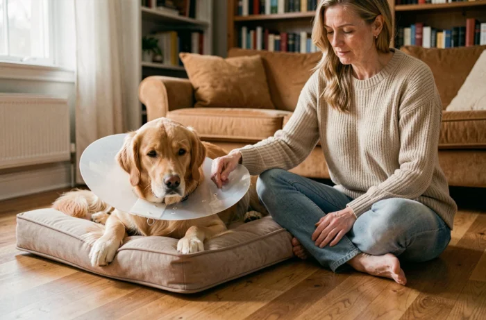 Chien golden retriever au repos avec une collerette après stérilisation, accompagné de sa propriétaire dans un salon chaleureux