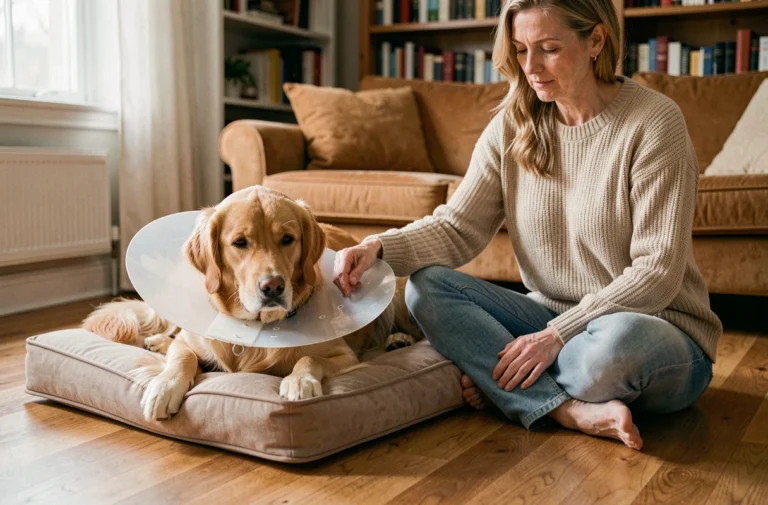 Chien golden retriever au repos avec une collerette après stérilisation, accompagné de sa propriétaire dans un salon chaleureux