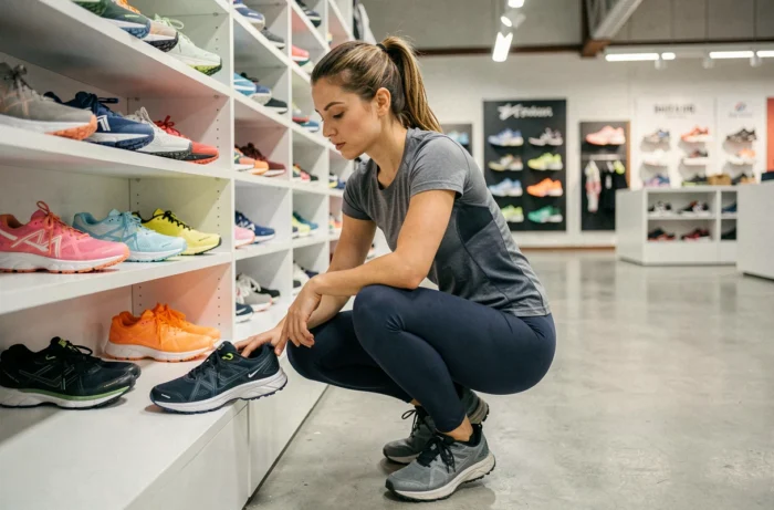 Femme examinant des chaussures de running dans un magasin de sport spécialisé pour choisir le bon équipement