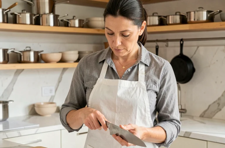Femme examinant un couteau de chef en acier inoxydable dans une cuisine moderne bien équipée