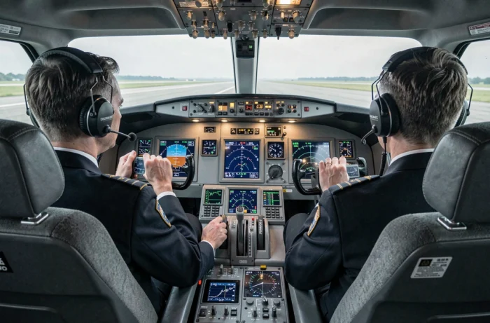 Cockpit d'un avion de ligne moderne avec deux pilotes aux commandes devant un tableau de bord numérique