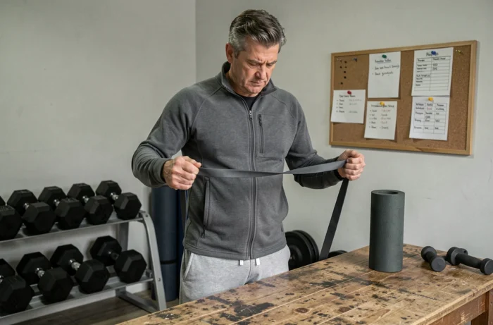 Homme comparant des bandes de résistance dans une salle de sport à domicile pour optimiser son équipement d'entraînement