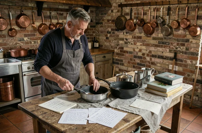 Homme comparant deux casseroles dans une cuisine rustique avec ustensiles en cuivre et livres de cuisine