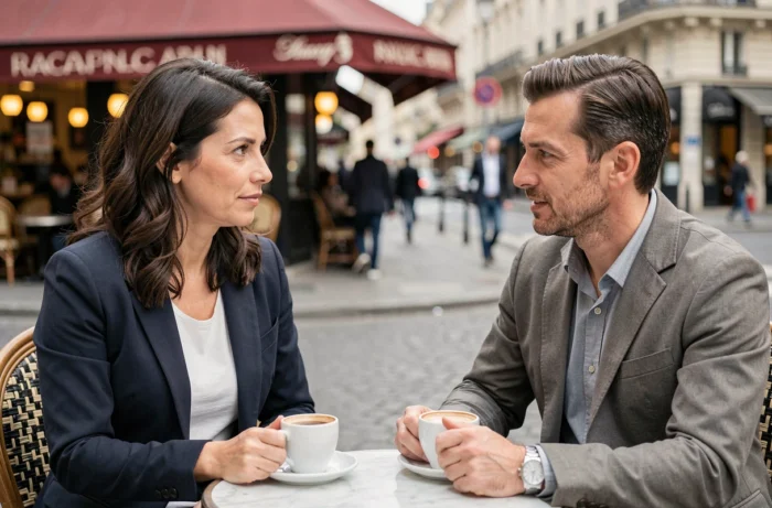 Un couple attablé en terrasse d'un café parisien dans une conversation intime, représentant les rares confidences partagées par Séverine Parlakou sur sa vie de famille