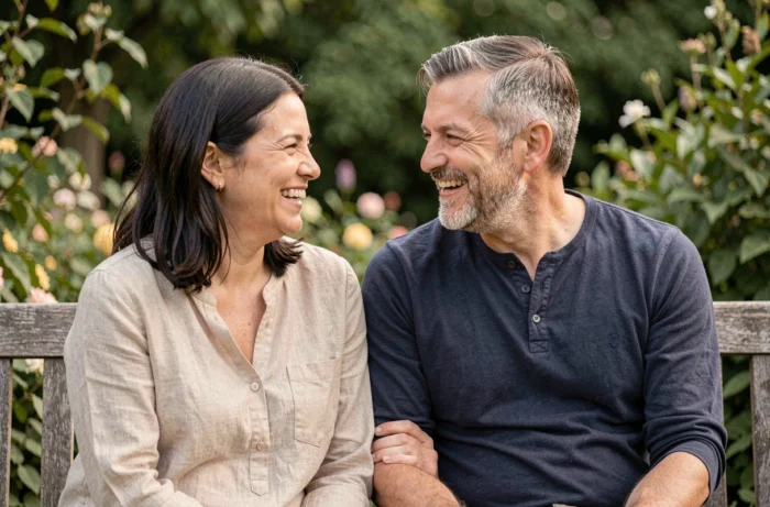 Un couple complice partageant un moment de rire dans un jardin verdoyant, illustrant la vie de famille épanouie de Séverine Parlakou et son conjoint
