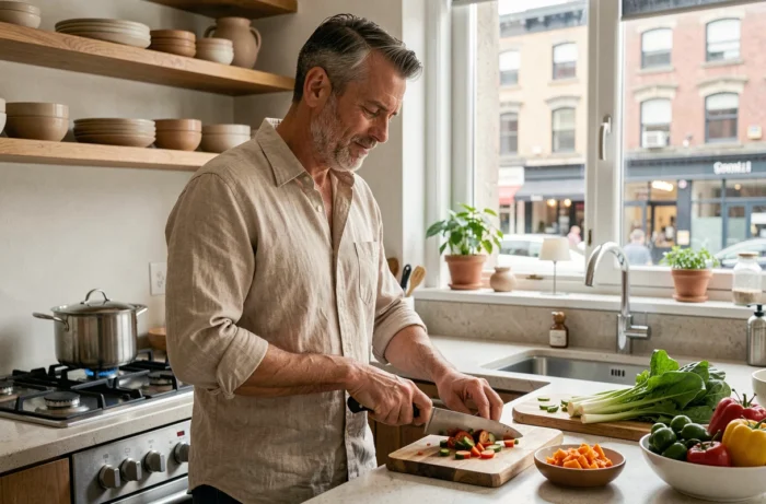 Un homme préparant un repas familial dans une cuisine moderne et chaleureuse, évoquant la vie quotidienne discrète du conjoint de Séverine Parlakou