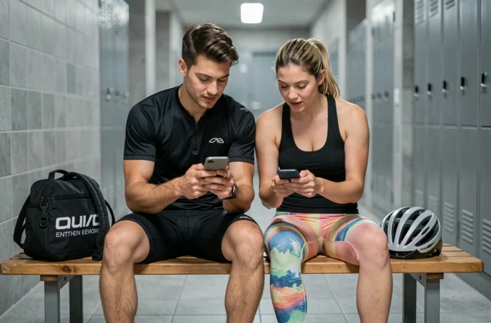 Deux sportifs consultant des informations produit sur smartphone pour choisir leur équipement sportif ensemble