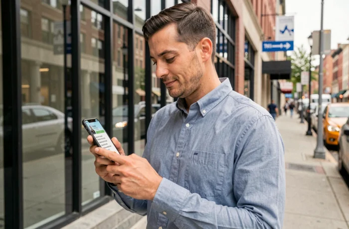Homme consultant les coordonnées d'une entreprise sur son smartphone devant une façade de bureau en ville