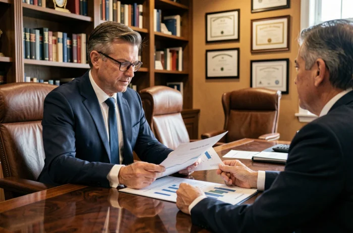 Un homme d'affaires en costume marine consulte un expert en gestion de patrimoine dans un bureau privé élégant, documents financiers sur la table