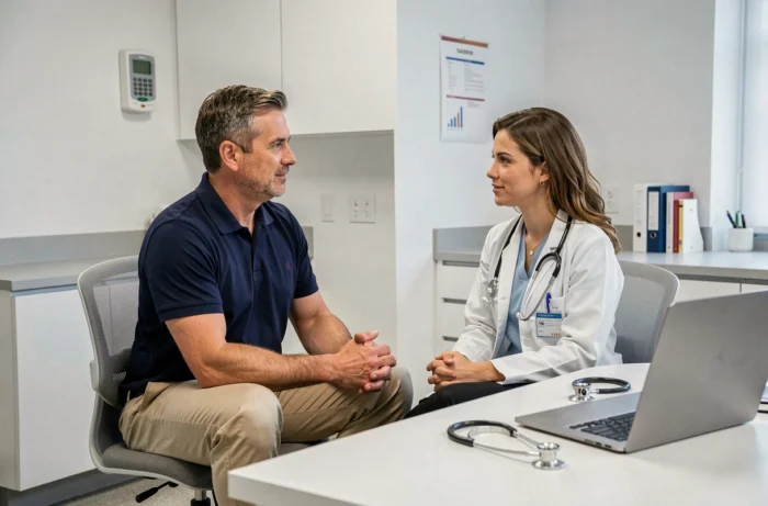 Consultation médicale entre un patient d'âge mûr et une médecin dans un cabinet moderne, représentant l'importance du suivi santé régulier