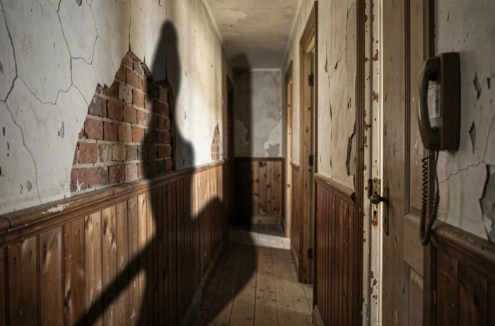 Couloir sombre et étroit d'une vieille ferme avec une ombre inexpliquée sur le mur et une atmosphère oppressante de phénomène paranormal