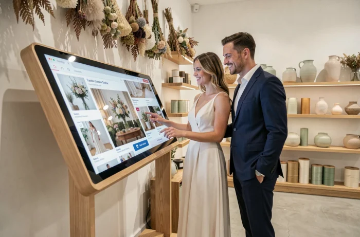 Couple découvrant des options de décoration de mariage sur une borne interactive dans une boutique de mariage moderne
