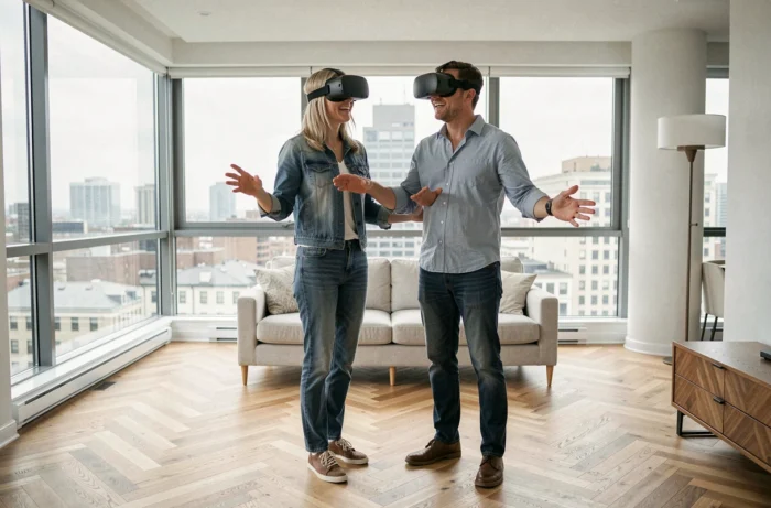 Couple portant des casques de réalité virtuelle pour visiter un appartement en visite immersive 360 degrés
