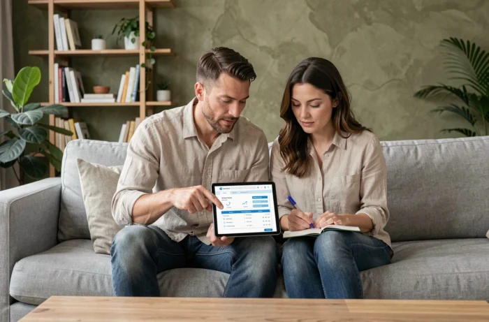 Couple comparant des assurances santé sur une tablette numérique dans un salon moderne et minimaliste